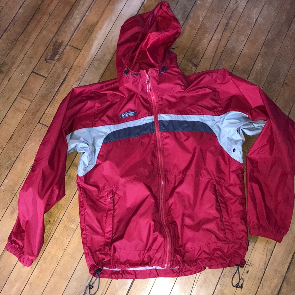 Columbia Red Hooded Windbreaker Jacket with White & Gray Details